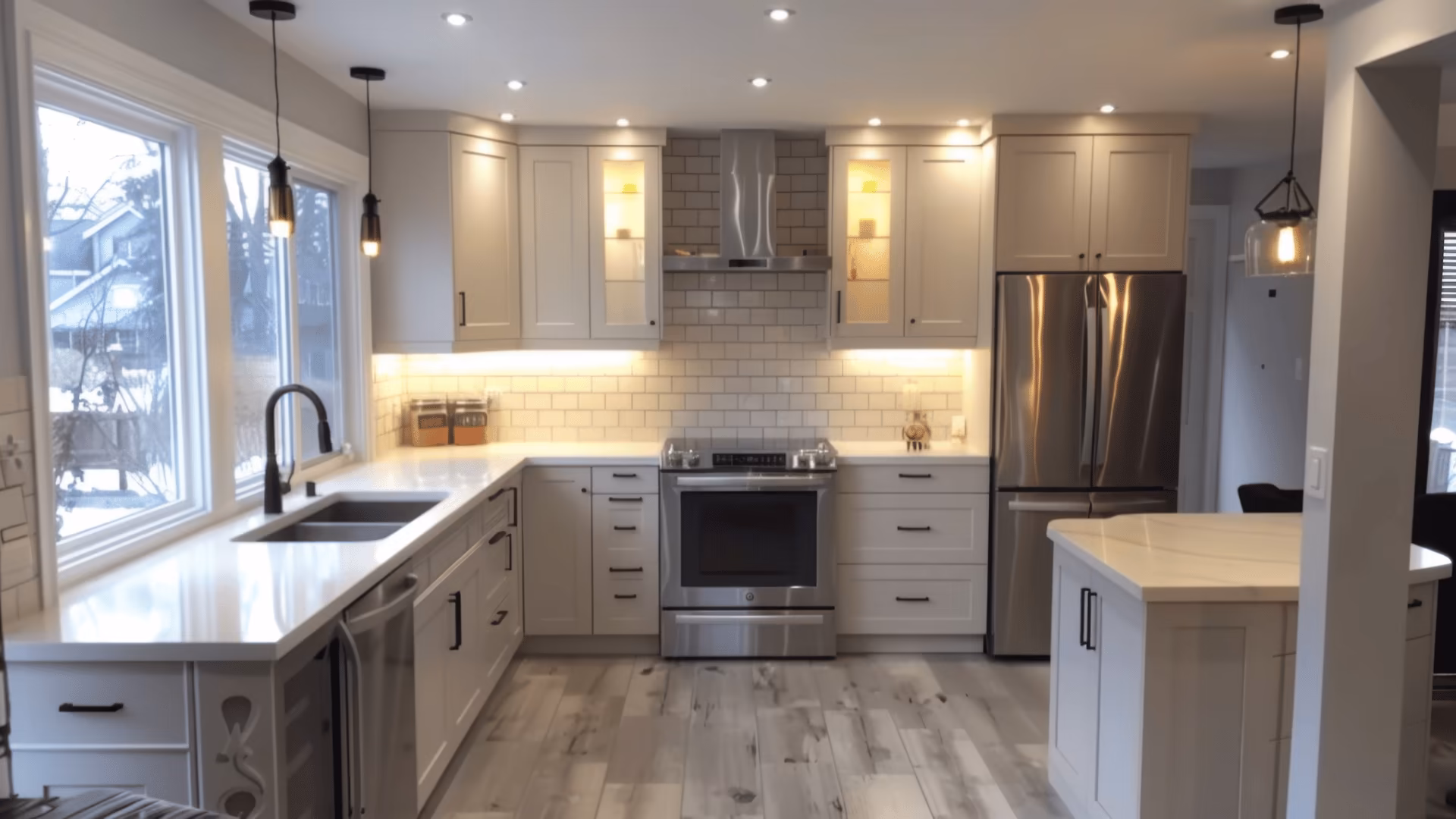 Finished kitchen with white cabinets, a range, and pendant lights