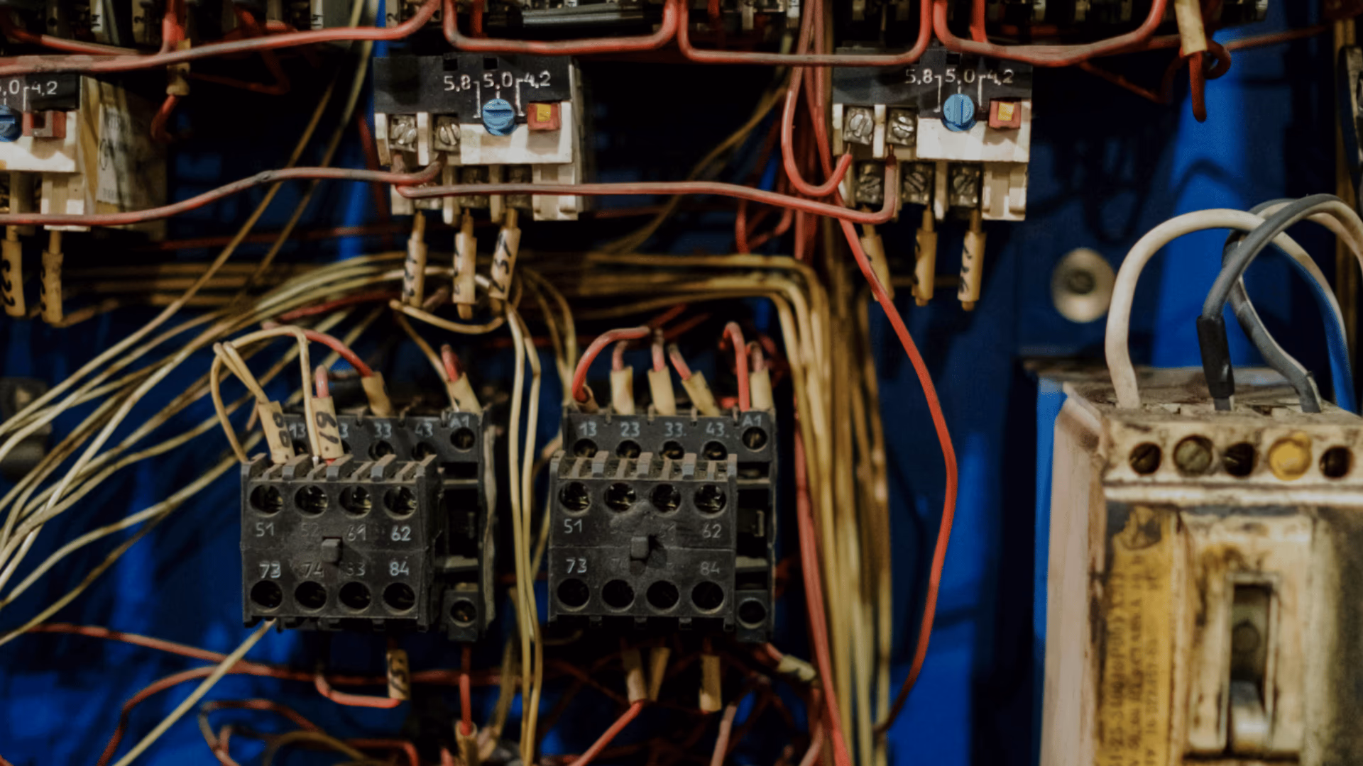 Close-up of aging electrical relays and bundled wiring