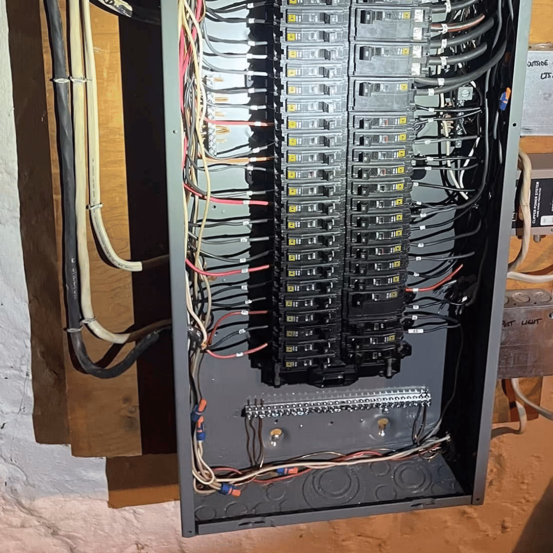 Open electrical panel with rows of breakers in a utility space