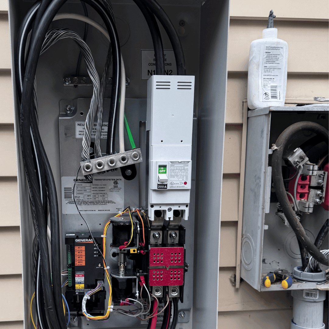 Open electrical panel and wiring on the side of a home