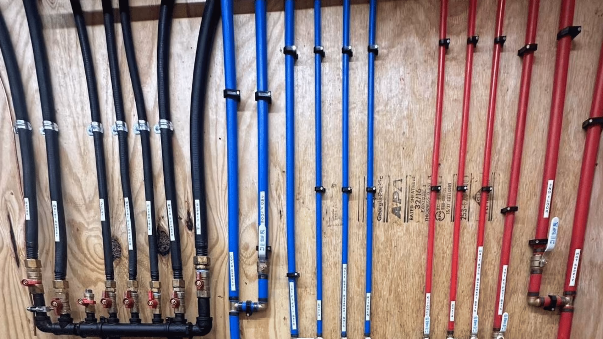 Manifold of black, blue, and red water lines on a plywood wall