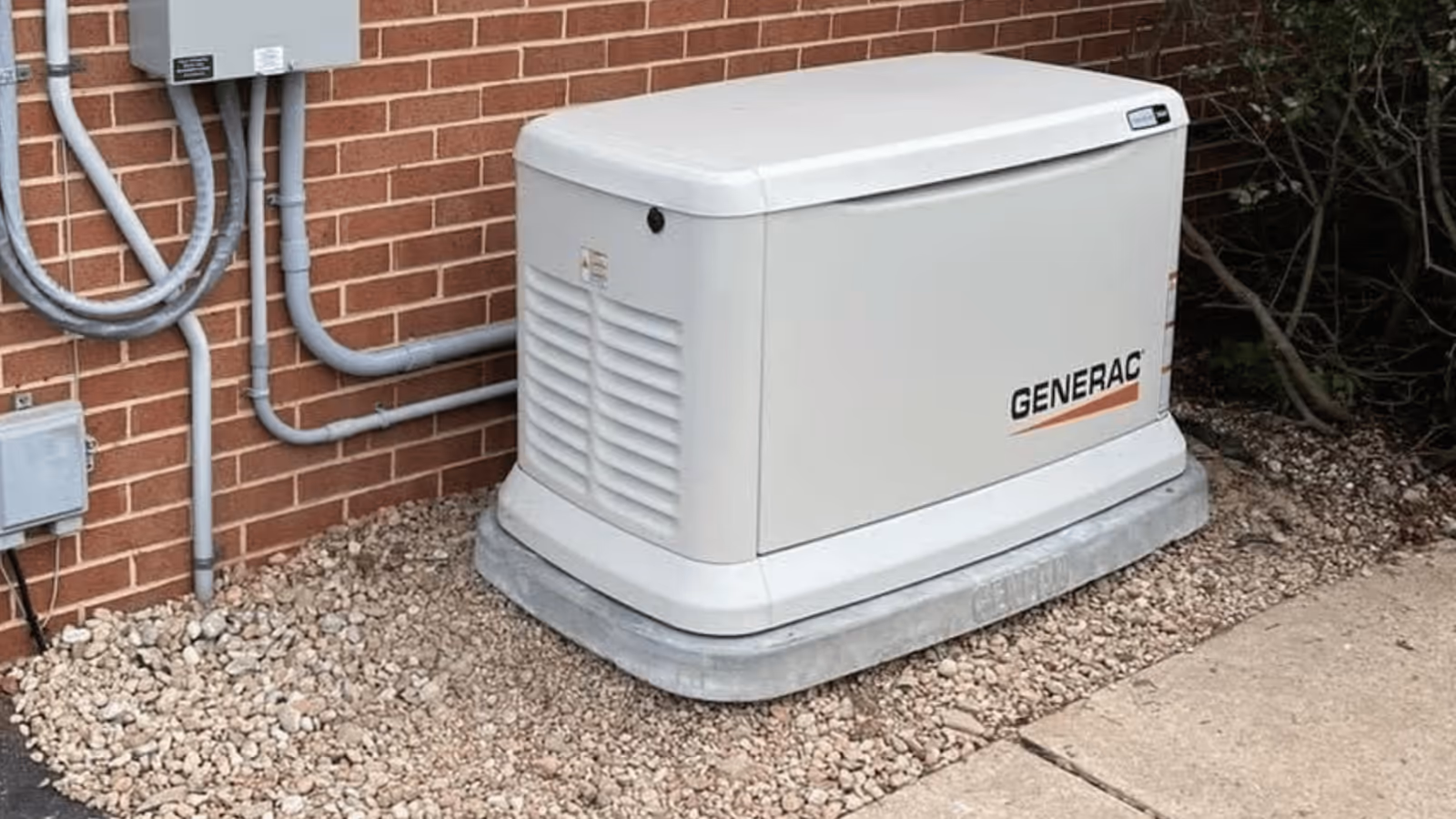 Generac standby generator installed beside a brick home