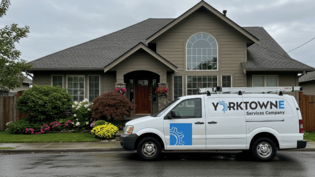 Yorktowne Services van parked in front of a gray two-story home